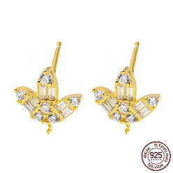 Real 18K Gold Plated 925 Sterling Silver Micro Pave Clear Cubic Zirconia Stud Earring Findings, for Half Drilled Beads, with S925 Stamp, Real 18K Gold Plated, 10.5x9.5mm, Pin: 10.5x0.7mm and 0.5mm