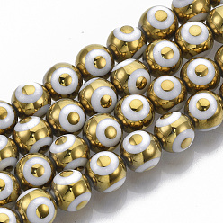 Gold Electroplate Glass Beads Strands, Round with Evil Eye Pattern, Gold, 10x9.5~10mm, Hole: 1.2mm, about 30pcs/strand, 11.2 inch