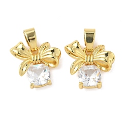 Прозрачный Латунные микро проложить кубического циркония подвески, квадрат с бантом, стойки покрытие, долговечный, без кадмия и без свинца, золотые, прозрачные, 15x15x4.5 мм, отверстие : 3x6 мм