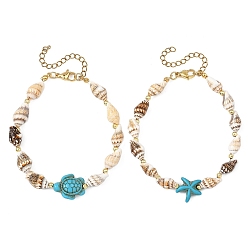 Разноцветный 2 Браслеты из натуральных морских ракушек и синтетических бирюзовых бусин для женщин, морская звезда, морская черепаха и форма панциря, красочный, внутренний диаметр: 7.56~7.68 дюйм (19.2~19.5 см), 2 шт