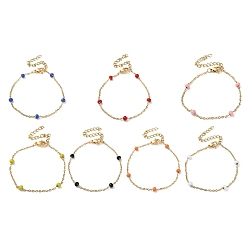 Mixed Color Vacuum Plating Golden 304 Stainless Steel Cable Chain Bracelet with Enamel Rondelle Beaded, Satellite Chains Bracelet, Mixed Color, 6-1/4 inch(16cm)