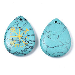 Synthetic Turquoise Synthetic Turquoise Pendants, Teardrop with Nordic Pagan Pattern, 32~33.5x25~26x6.5~7.5mm, Hole: 2mm, 6pcs/bag