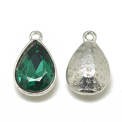 Sea Green Alloy Glass Charms, Faceted, teardrop, Platinum, Sea Green, 14.5x9x5mm, Hole: 1.5mm