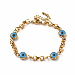 Golden Ion Plating(IP) 304 Stainless Steel Rolo Chain Bracelets, Enamel Evil Eye Link Bracelets for Women, Golden, 6-5/8 inch(16.7cm), 5mm