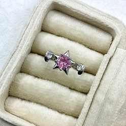 Orchid Brass Micro Pave Cubic Zirconia Cuff Open Rings for Women, Star, Platinum, Orchid, 15~20mm