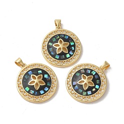 Черный Стойки обшивки латунь кубического циркония подвески, с эмалью и ракушкой, долговечный, без свинца и без кадмия, реальный 18 k позолоченный, плоские круглые с цветком, чёрные, 26x23x4 мм, отверстие : 5x4 мм