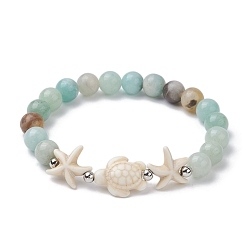 Pale Turquoise Dyed Synthetic Turquoise Turtle and Starfish Beaded Bracelets, with Natural Flower Amazonite Round Beads, Pale Turquoise, Inner Diameter: 2 inch(5cm)