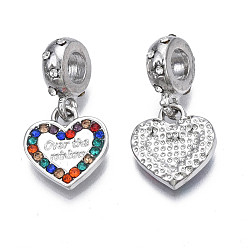 Colorful Rack Plating Alloy European Dangle Charms, with Rhinestone, Large Hole Pendants, Cadmium Free & Nickel Free & Lead Free, Platinum, Heart with Word Over the Rainbow, Colorful, 24mm, Hole: 5mm, Heart: 13.5x12.5x2mm