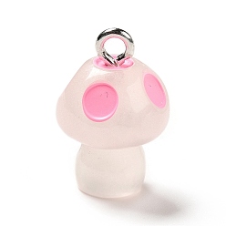 Pearl Pink Spray Painted Luminous Resin Pendants, Mushroom Charm, with Glitter Powder and Platinum Tone Iron Loops, Pearl Pink, 21.5x13.5mm, Hole: 2.5mm