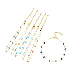 Mixed Stone Natural Mixed Gemstone Column Beaded Anklet with Vacuum Plating Golden 304 Stainless Steel Chains for Women, 8-3/4~8-7/8 inch(22.1~22.4cm)