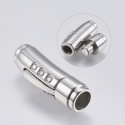 Stainless Steel Color 304 Stainless Steel Bayonet Clasps, with Rhinestone, Tube, Crystal, Stainless Steel Color, 30.5x9x10mm, Hole: 6mm