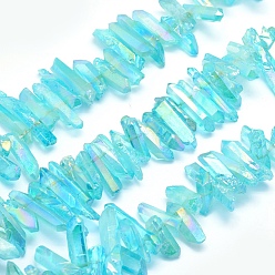 Cyan Electroplated Natural Quartz Crystal Beads Strands, Dyed, Nuggets, Rainbow Plated, Cyan, 20~39x5~12mm, Hole: 1~1.5mm, about 15.7 inch(40cm).