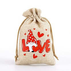 Word Valentine's Day Printed Burlap Drawstring Pouches, Red, Rectangle, Word, 15x10cm