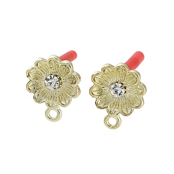 Flower Rack Plating Golden Alloy with Rhinestone Stud Earring Findings, with Loops and 304 Stainless Steel Pins, Cadmium Free & Nickel Free & Lead Free, Flower, 15.5x12.5mm, Hole: 1.6mm, Pin: 0.7x10.5mm