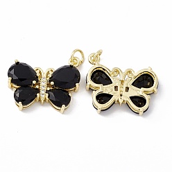 Black Rack Plating Brass Micro Pave Cubic Zirconia Pendants, Real 18K Gold Plated, Long-Lasting Plated, Cadmium Free & Lead Free, Butterfly, Black, 19x23x6mm, Jump Ring: 5x1mm, Inner Diameter: 3mm