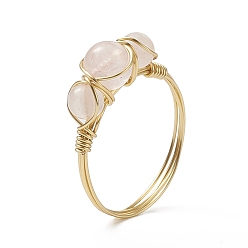 Rose Quartz Natural Rose Quartz Round Braided Beaded Finger Ring, Light Gold Copper Wire Wrap Jewelry for Women, Inner Diameter: 18mm