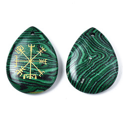 Malachite Synthetic Malachite Pendants, Teardrop with Nordic Pagan Pattern, 32~33.5x25~26x6.5~7.5mm, Hole: 2mm, 6pcs/bag