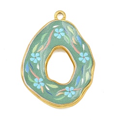 Средний Морско-зеленый Печатные 304 подвески из нержавеющей стали, овальные с цветком, вакуумное покрытие pvd, реальный 18 k позолоченный, средний морской зеленый, 34.5x25x2.5 мм, отверстие : 2 мм