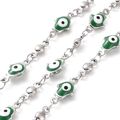 Green Enamel Hamsa Hand with Evil Eye Link Chains, with 304 Stainless Steel Findings, Stainless Steel Color, Unwelded, with Spool, Green, 11.5x5.5x3mm, 8x3x2mm