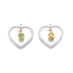 Peridot 201 Stainless Steel Pendants, with Rhinestone, Heart with Flat Round, Real Gold Plated & Stainless Steel Color, Peridot, 23x24x1mm, Hole: 1.6mm