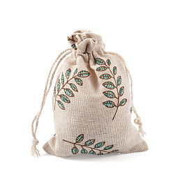 Wheat Polycotton(Polyester Cotton) Packing Pouches Drawstring Bags, with Printed Leaf, Wheat, 14x10cm