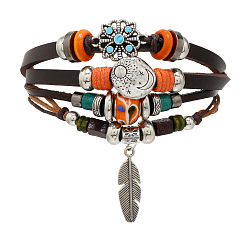 Coconut Brown Imitation Leather & Cowhide Leather Braided Multi-strand Bracelet, Alloy Sun Moon Beaded Bracelet with Feather Shape Charm for Men Women, Coconut Brown, 7-1/8 inch(18cm)