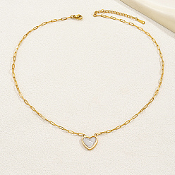 Snow Natural Shell Heart Pendant Necklaces with Golden Stainless Steel Paperclip Chains, Snow, 18.11 inch(46cm)