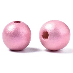 Hot Pink Painted Natural Wood European Beads, Pearlized, Large Hole Beads, Round, Hot Pink, 16x14.5mm, Hole: 4mm