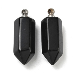 Обсидиан Кулоны для духов из натурального обсидиана, граненые подвески-пули для бутылок с 304 винтовыми дужками из нержавеющей стали, цвет нержавеющей стали, 42~44x16~16.5x14~14.5 мм, отверстие : 2.5 мм