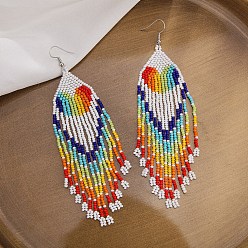 White Glass Beaded Tassel Dangle Earrings, Pride Rainbow Flag Heart Drop Earrings, White, 135x35mm