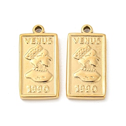 Real 14K Gold Plated 304 Stainless Steel Pendants, Rectangle with Venus & 1990 Charm, Real 14K Gold Plated, 25x13x2.5mm, Hole: 1.6mm