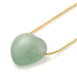 Green Aventurine Natural Green Aventurine Heart Pendant Necklace with Golden Alloy Cable Chains, 23.82 inch(60.5cm)