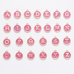 Flamingo Initial Letter A~Z Alphabet Enamel Charms, Flat Round Disc Double Sided Charms, Flamingo, 14x12x2mm, Hole: 1.5mm, 26pcs/set