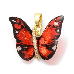 FireBrick Brass Pendants, with Cubic Zirconia, Film, Long-Lasting Plated, Lead Free & Cadmium Free, Real 18K Gold Plated, Butterfly, FireBrick, 16~17x23~14x6mm, Hole: 6x3.5mm