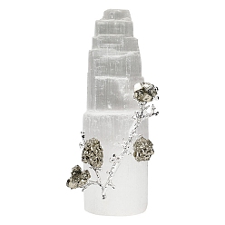 Pyrite Natural Selenite Mountain Figurines, with Pyrite Flower Branch Reiki Energy Stone for Home Feng Shui Ornament, 40~45x150mm