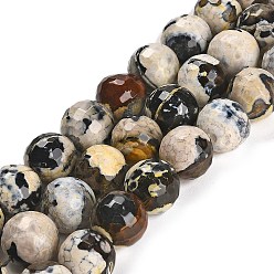 Saddle Brown Natural Fire Crackle Agate Beads Strands, Dyed & Heated, Round, Faceted, Saddle Brown, 13.5~14mm, Hole: 1.4mm, about 28~29pcs/strand, 15.16 inch(38.5cm)
