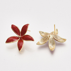 Red Brass Enamel Stud Earring Findings, with Loop, Real 18K Gold Plated, Nickel Free, Flower, Red, 22.5x24mm, Hole: 1.2mm, Pin: 0.8mm
