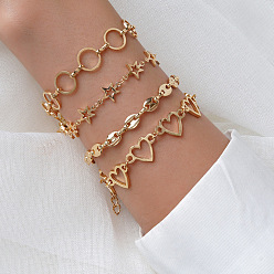 Golden 0040 Charming Heart Pig Nose Chain Bracelet Set with Circle, Star and Link Chains