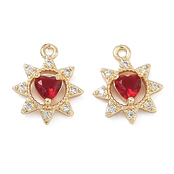 Красный День святого валентина латунь микропаве подвески из фианита, цветок с подвесками в виде сердечек, реальный 18 k позолоченный, красные, 13x10.5x3.5 мм, отверстие : 1.8 мм