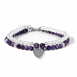 FK0409 Purple Crystal Pearl Bracelet with Diamond Cut Beads - Heart Pendant Set