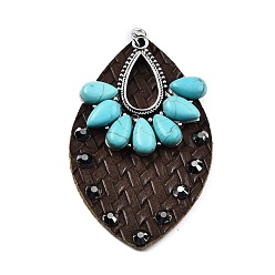 Dark Coffee Imitation Leather Pendant, with Alloy Finding and Glass & Synthetic Turquoise Findings, Leaf, Dark Coffee, 57x35x6.5mm, Hole: 5mm