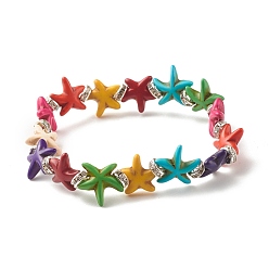 Colorful Starfish/Sea Stars Synthetic Turquoise(Dyed) Beaded Stretch Bracelet with Rhinestone, Gemstone Jewelry for Women, Colorful, Inner Diameter: 2-1/8 inch(5.3cm)