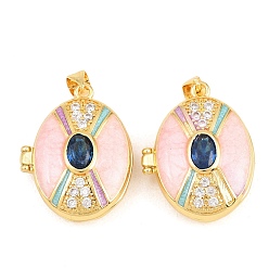 Pink Подвески латуни медальон, с эмалью, стеклом и кубическим цирконием, без кадмия и без свинца, реальный 18 k позолоченный, стойки покрытие, долговечный, овальные амулеты, розовые, 26.5x21x9 мм, отверстие : 3x5 мм