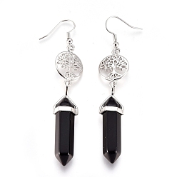 Black Agate Pointed Bullet Natural Black Agate Dangle Earrings, with Brass Earring Hooks and Flat Round with Tree of Life Links, Platinum, 76mm, Pin: 0.7mm
