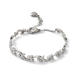Stainless Steel Color 304 Stainless Steel Leafy Branch Bangles with Heart Charms, with Safety Chains, Stainless Steel Color, Inner Diameter: 2-3/8 inch(6.1cm)