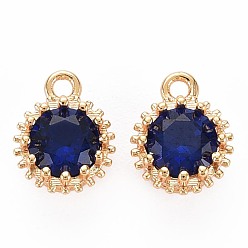 Dark Blue Brass Micro Pave Cubic Zirconia Charms, Nickel Free, Real 18K Gold Plated, Faceted Flat Round, Dark Blue, 9x7x4mm, Hole: 1.2mm