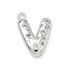 Letter V Латунные микропаве прозрачные подвески с фианитом, без кадмия и без свинца, долговечный, стойки покрытие, платина, Буква V, 21.5x15.5x4.5 мм, отверстие : 1.8 мм