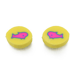 Yellow Handmade Polymer Clay Beads, Oval with Fish, Yellow, 10.5~12x8~8.5x4.5~5mm, Hole: 1.6mm