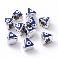 Blue CCB Plastic Beads, with Enamel, Platinum, Triangle with Evil Eye, Blue, 11.5x11.5x9.5mm, Hole: 4.8mm