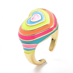 Colorful Brass Enamel Cuff Rings, Real 18K Gold Plated, Long-Lasting Plated, Heart, Colorful, US Size 6 1/2(16.9mm), 2.5~5mm